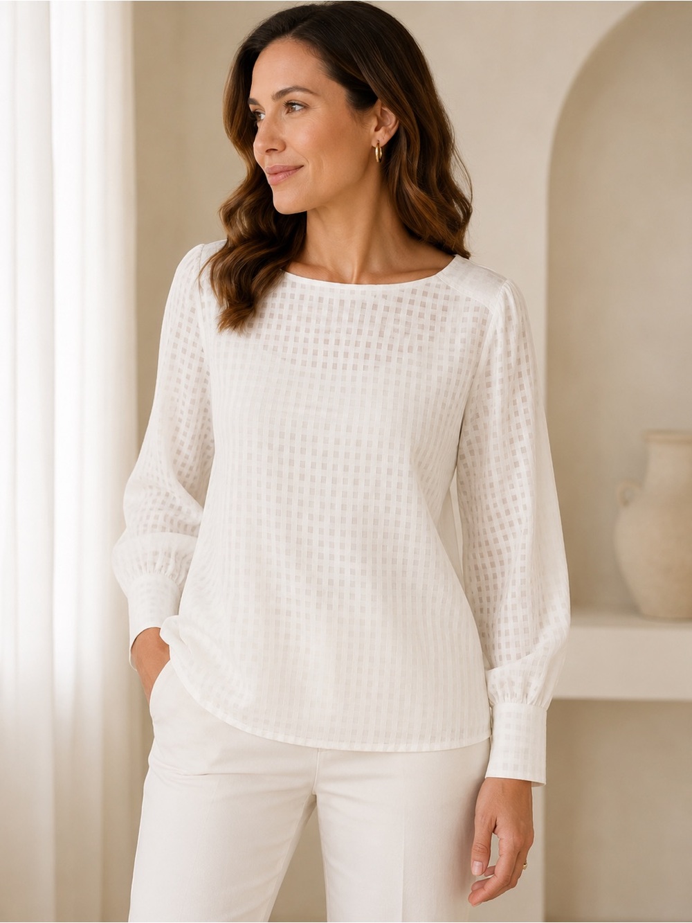 Banana Republic White Textured Fully Lined Blouse Size Small Long Sleeve